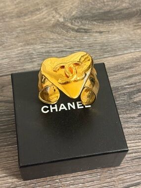 CHANEL Vintage Gold CC Heart Cuff Statement Bracelet